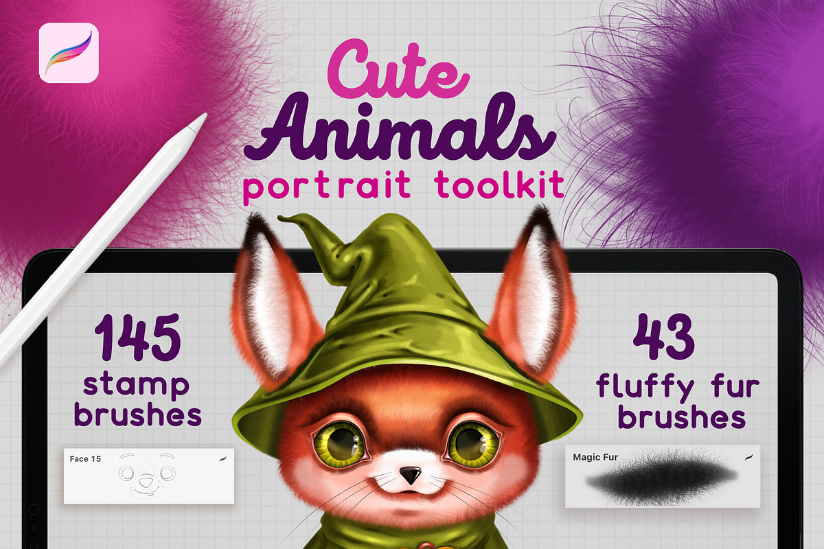 PROCREATE BABY ANIMALS PORTRAIT KIT, a Brush Add-On by AlexandraArt (Photo 1 of 13)