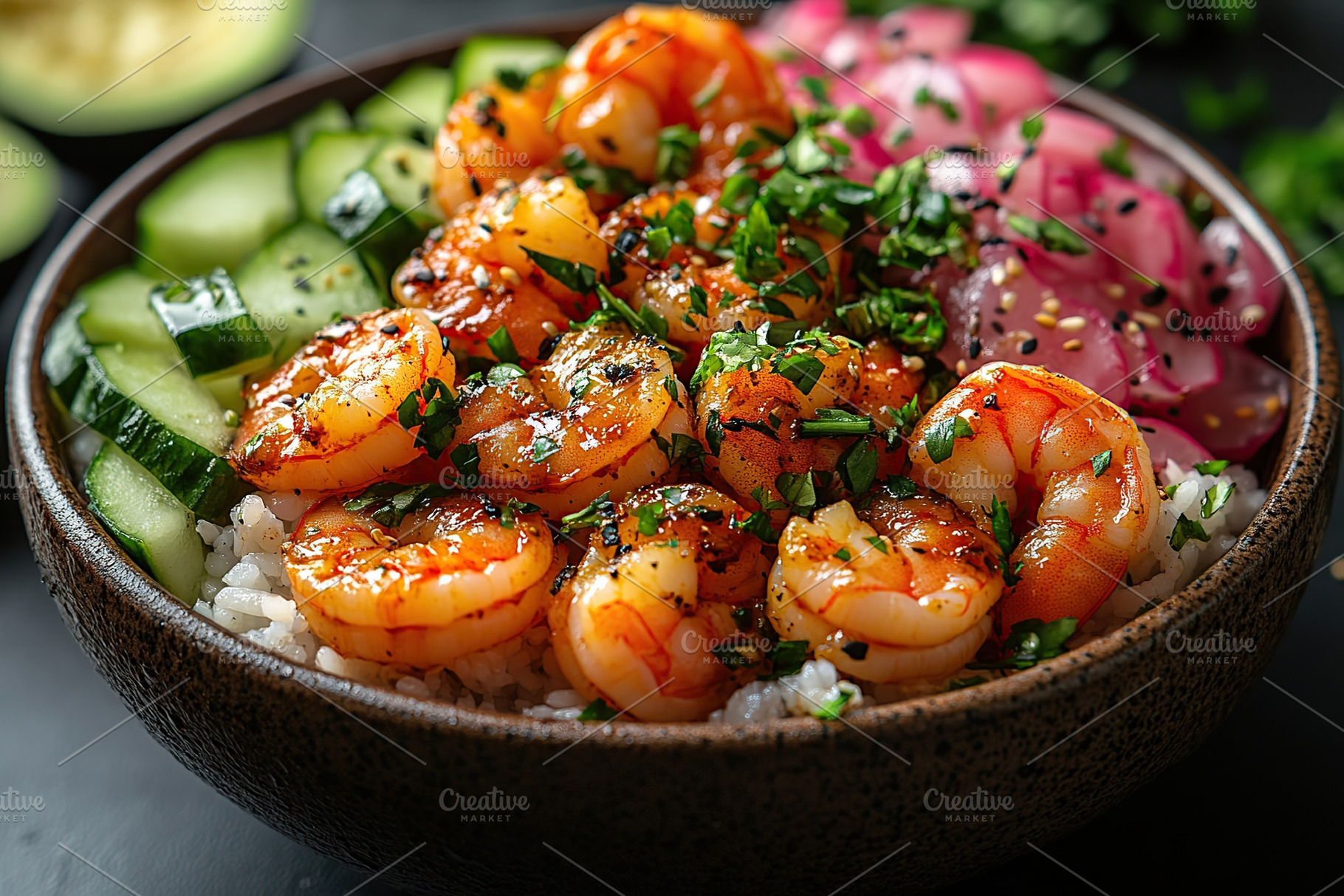 Healthy poke bowl with rice, vegetables and shrimps, a Food & Drink Photo by AlyaAnd
