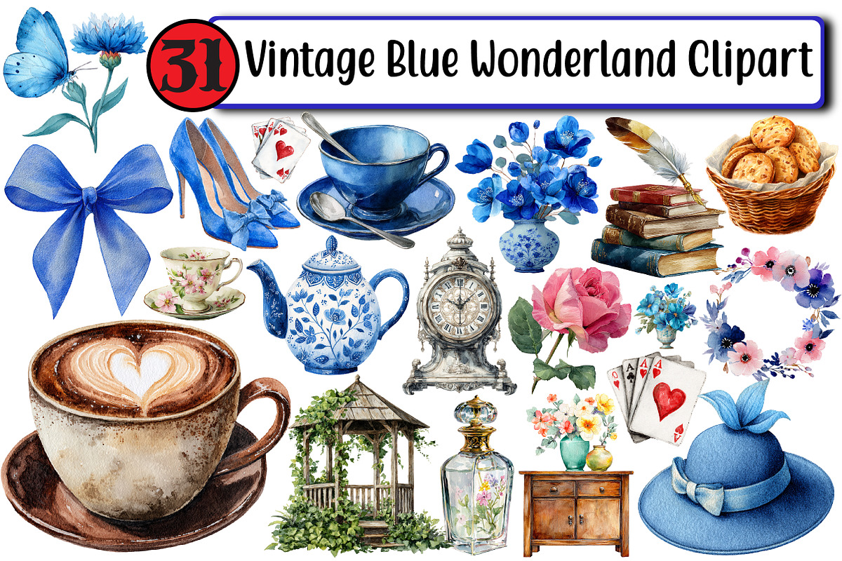 Vintage Blue Wonderland Clipart, an Illustration by Design Market (Photo 1 of 3)