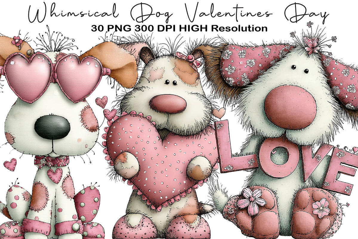 Whimsical Dog Valentines Day Clipart, an Illustration by Black Bird Studio (Photo 1 of 6)