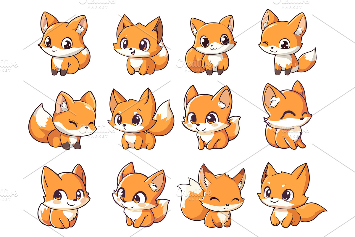Foxes cartoon kawaii set. Tiny fox, an Animal Illustration by Valerie Bodnar