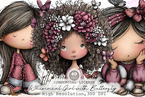Whimsical Girl with Butterfly Clipar, an Illustration by Sublimation Artist