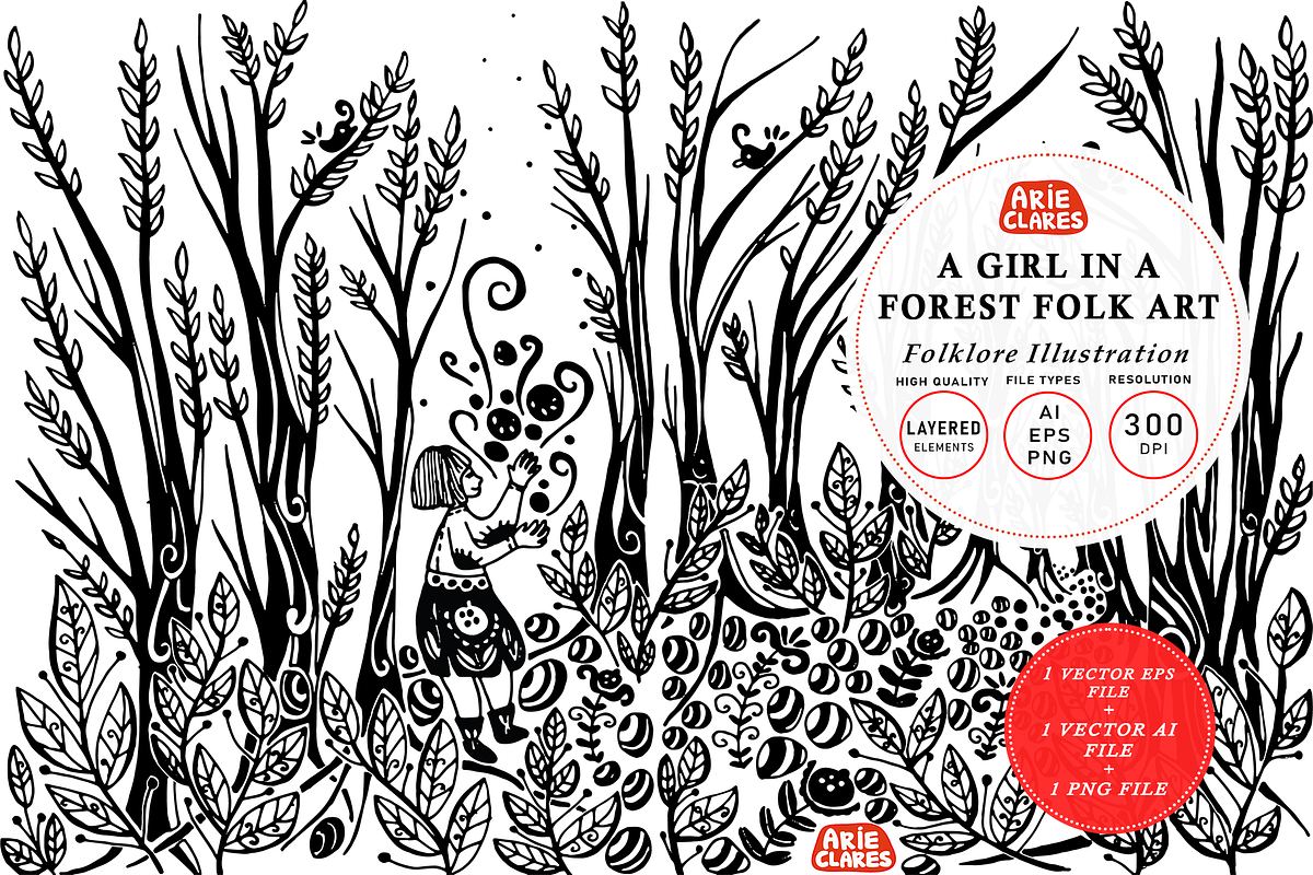 A Girl in A Forest Folk Art, an Illustration by Arie Clares (Photo 1 of 7)