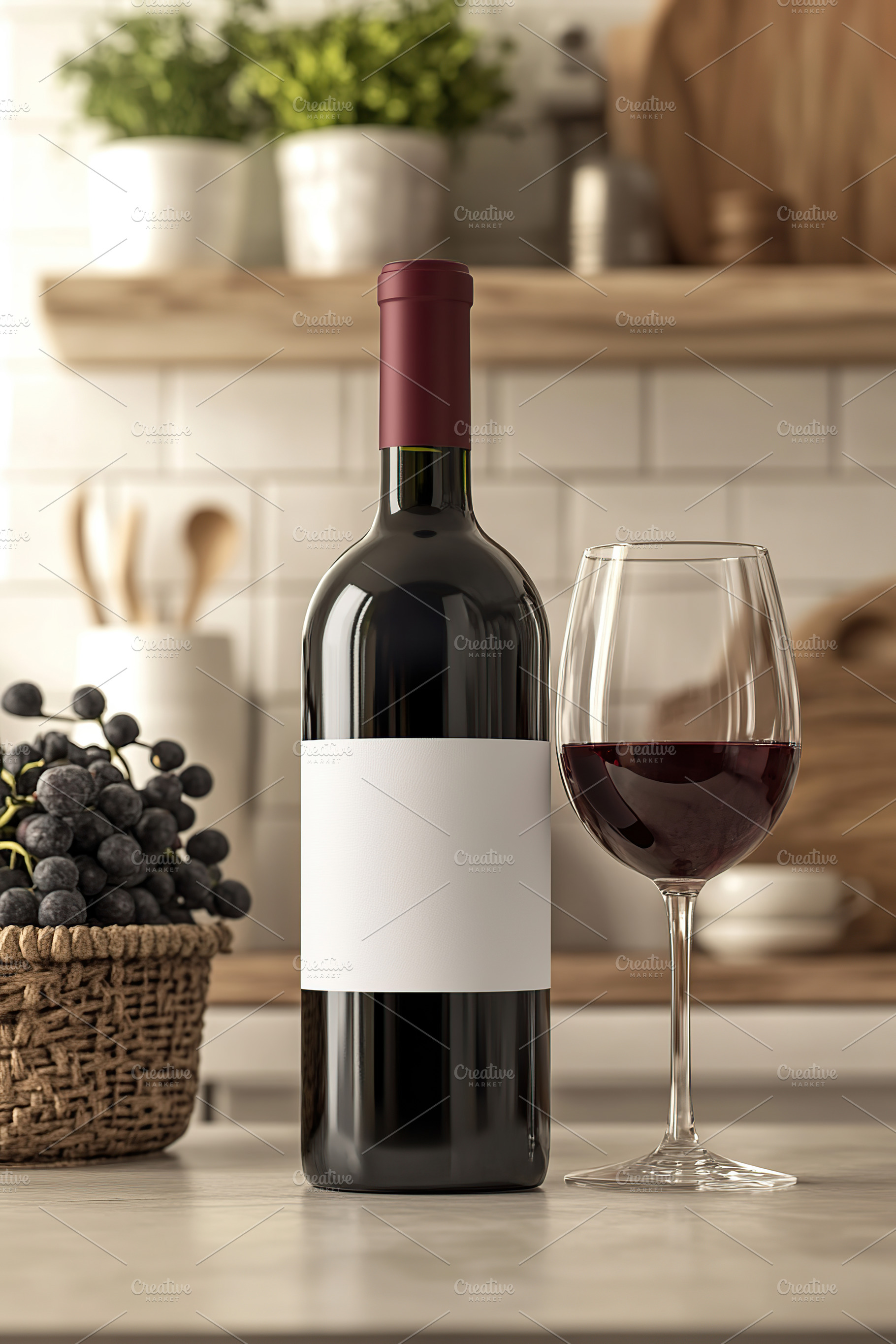 Bottle Of Red Wine With Blank Label And A Glass On A Kitchen Cou, a Food & Drink Photo by AlyaAnd