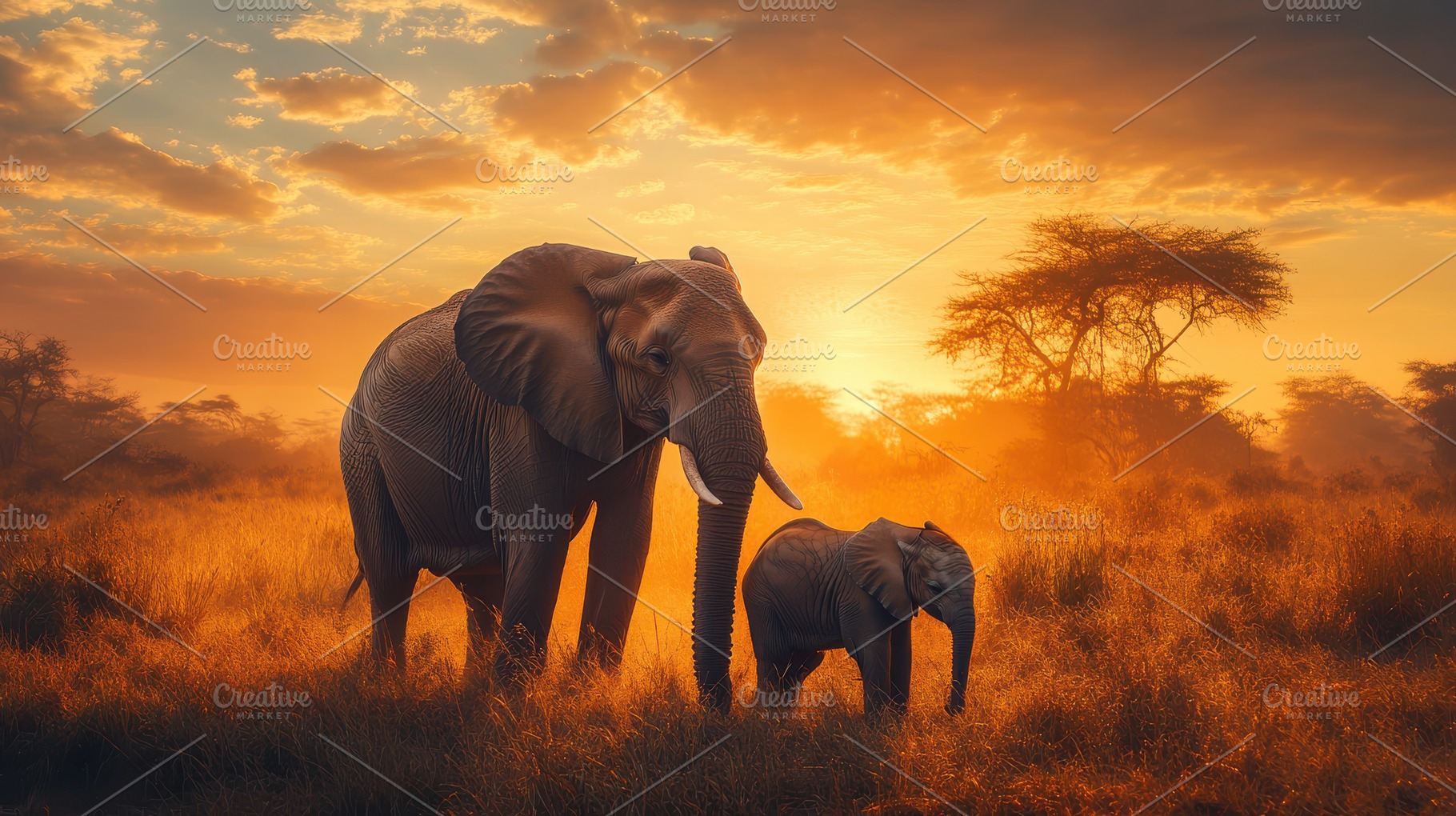 Elephant Family at Sunset: Majestic, an Animal Photo by Pixeness Studio