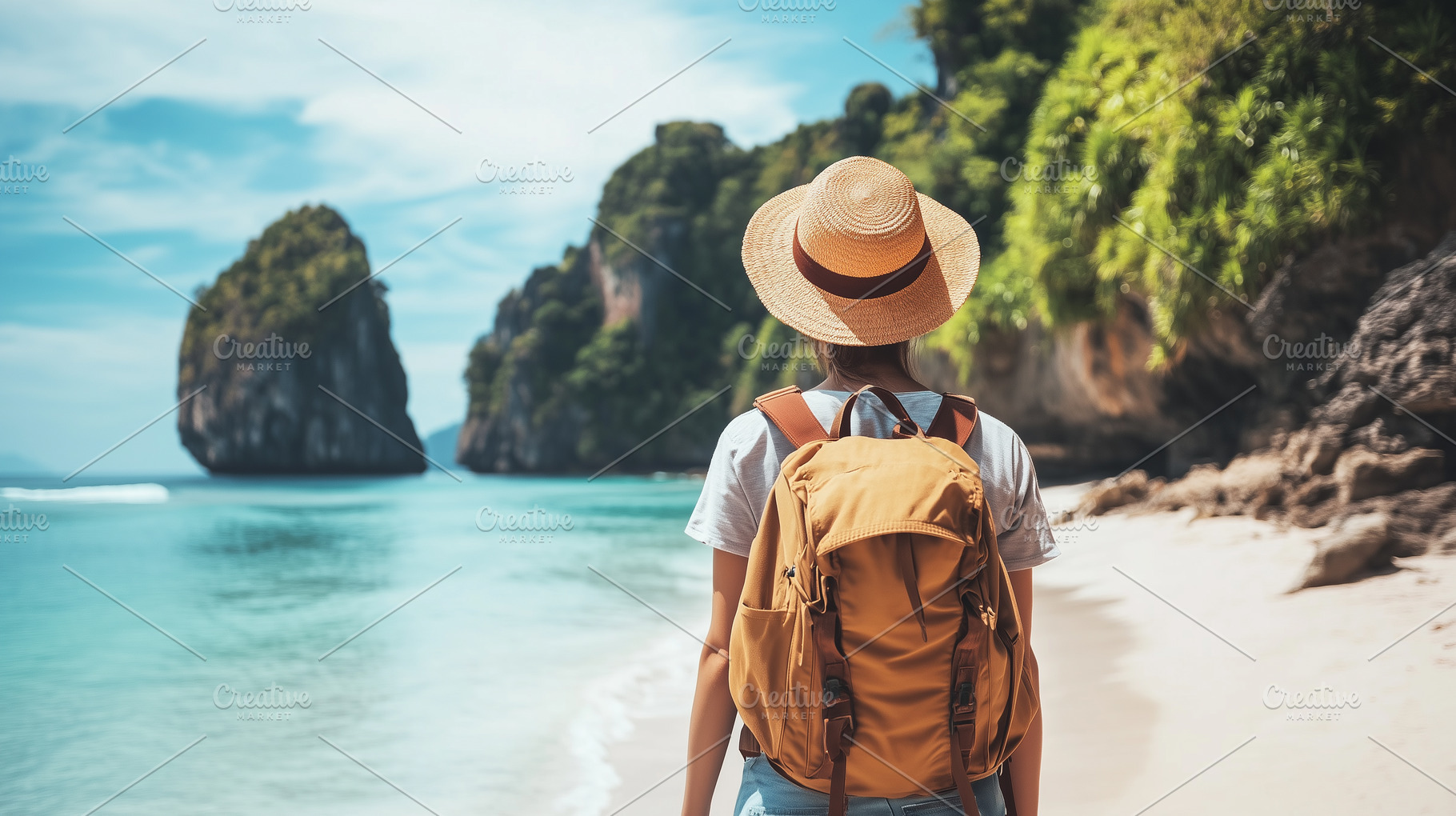 Traveler with a yellow backpack and, a Person Photo by MistyDay