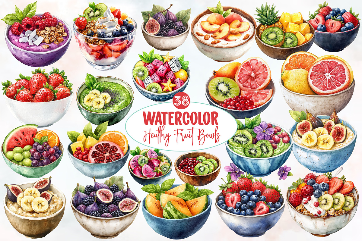Watercolor Healthy Fruit Bowls Clipa, an Illustration by Designworld (Photo 1 of 5)