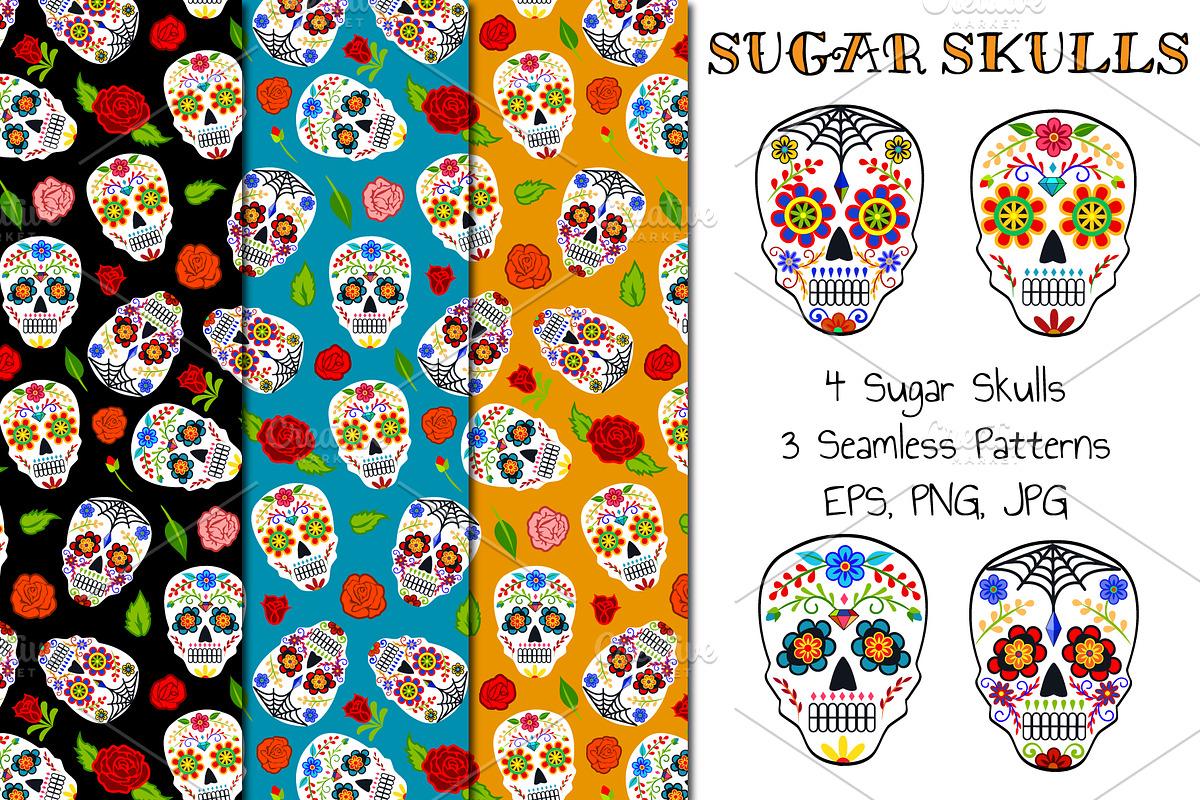 Sugar Skulls (cliparts+pattern), an Illustration by Sveta Aho