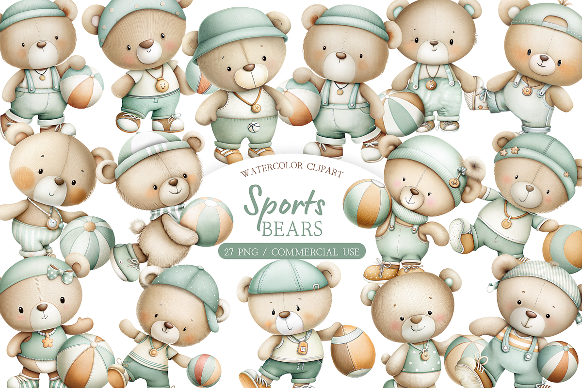 Watercolor Teddy Bear Soccer Clipart, an Illustration by MockupWizard (Photo 1 of 5)
