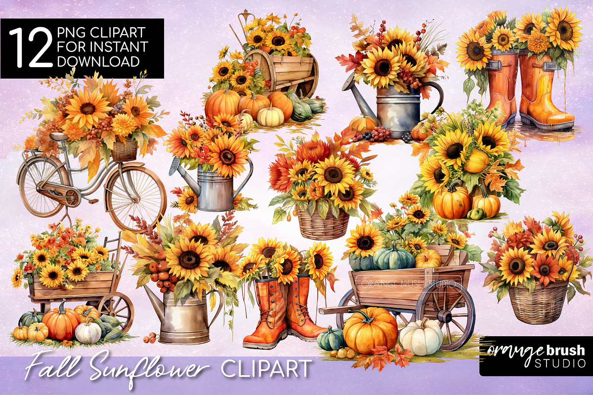 Sunflower Watercolor Autumn Clipart, a Seasonal Illustration by Orange Brush Studio (Photo 1 of 4)