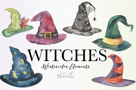 Watercolor Witches Hats Elements