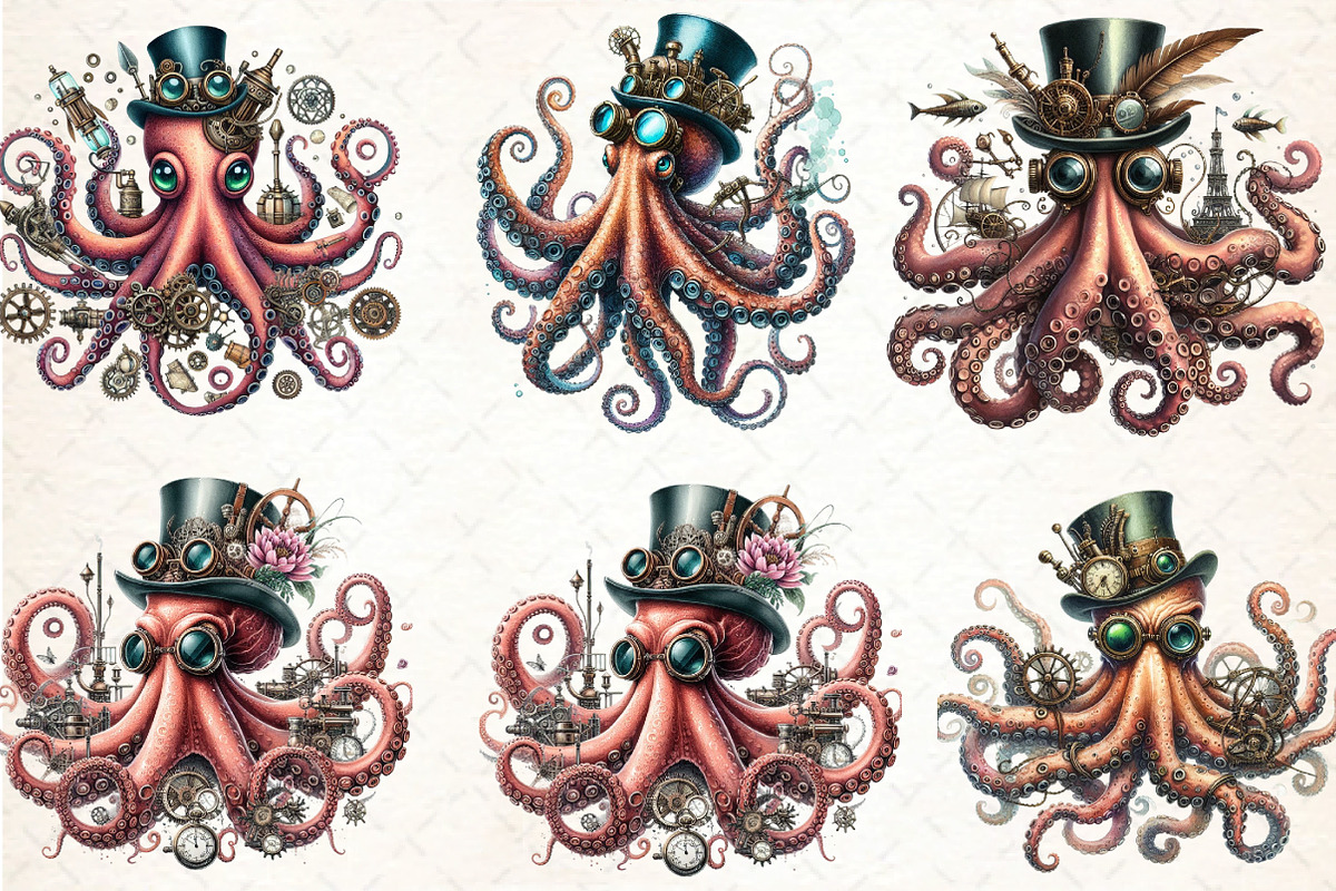 Watercolor Steampunk  Octopas, an Illustration by DreamCafeArt (Photo 2 of 7)