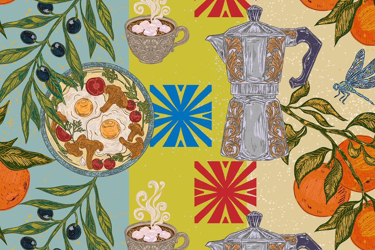 Mediterranean Breakfast Coffee Seaml, a Pattern Graphic by NayaChu (Photo 3 of 10)