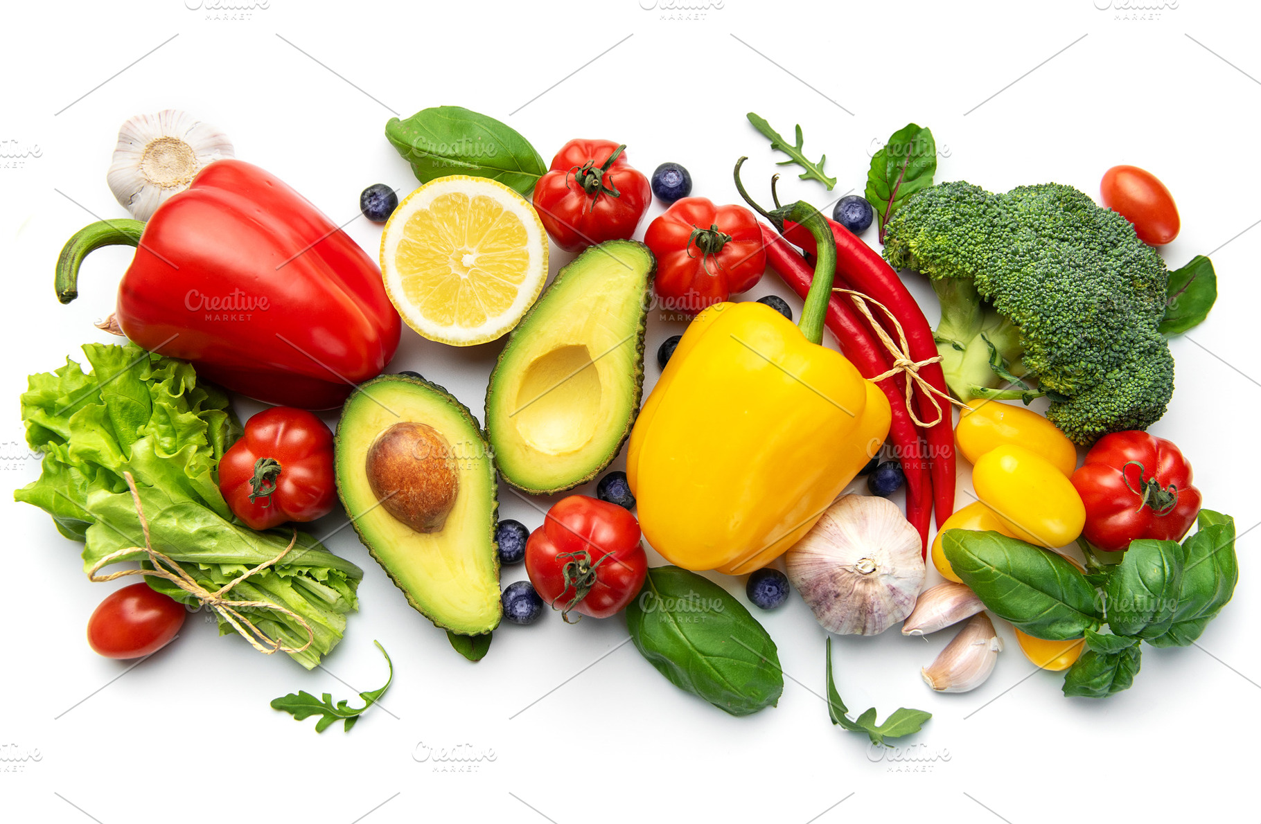Fresh vegetables and fruits creating healthy food concept, a Food & Drink Photo by Olena Rudo