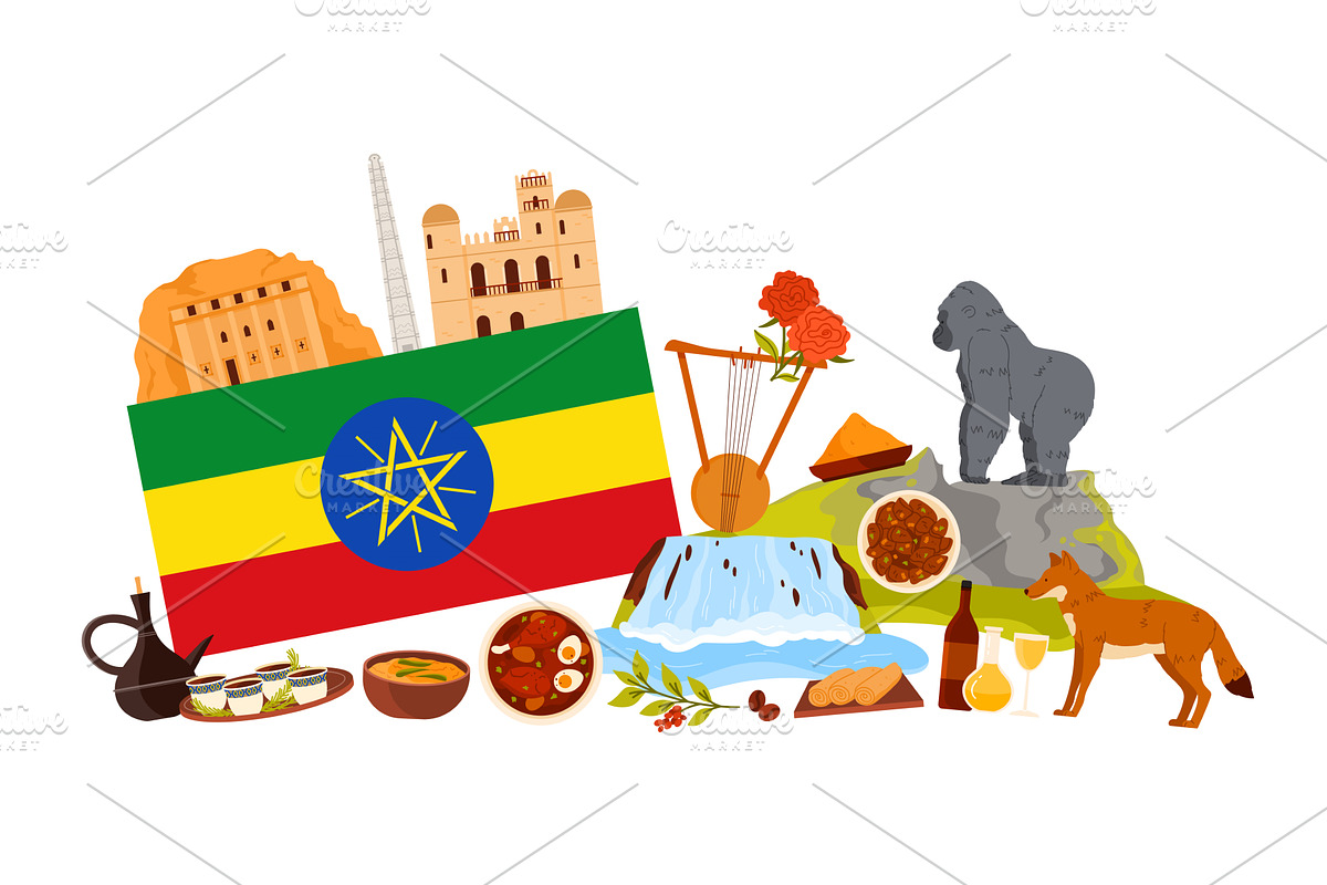 Travel to Ethiopia set, elements of, a Food Illustration by Flashvector