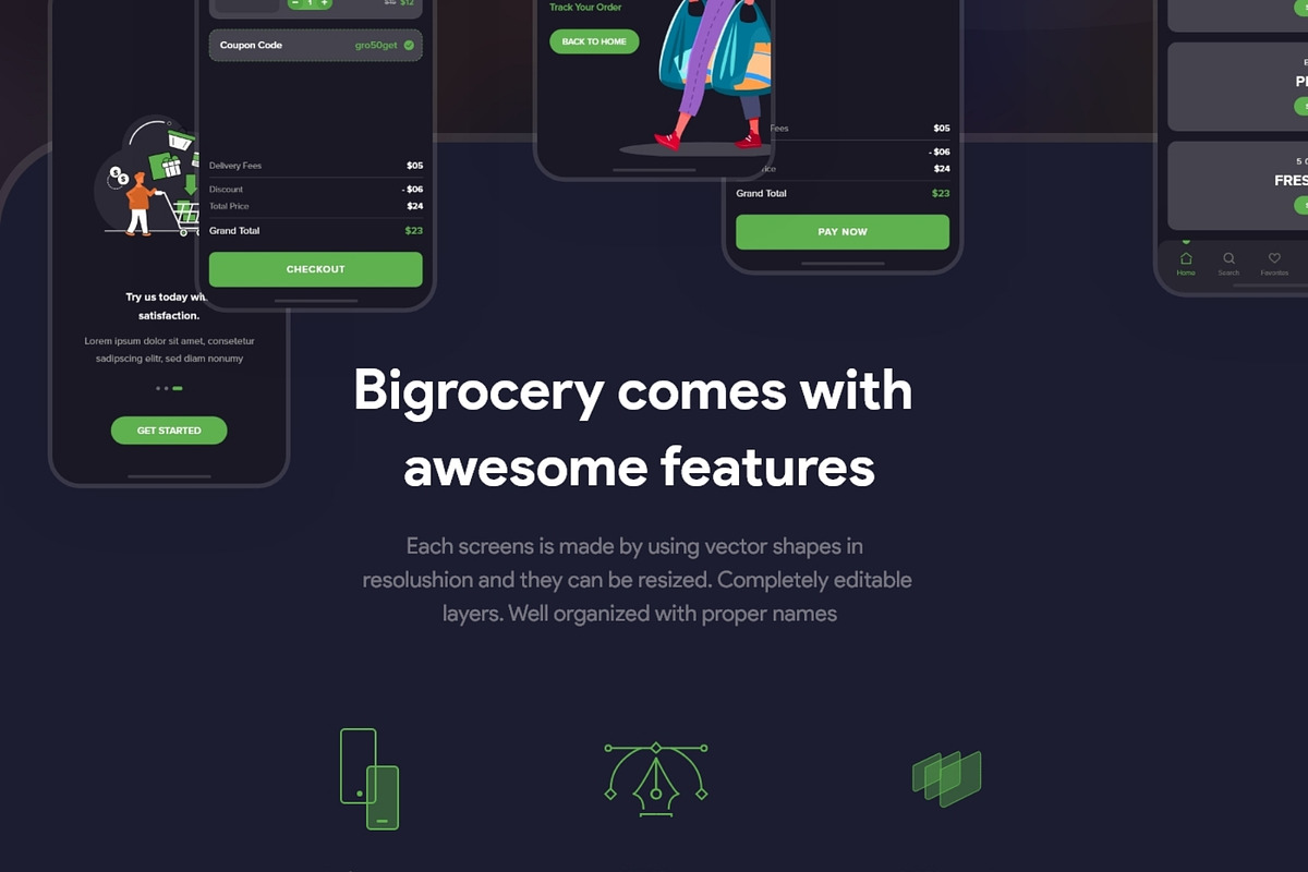 Bigrocery Dark UI Kit for Grocery, a Wireframe Template by SyalUIUX (Photo 3 of 7)