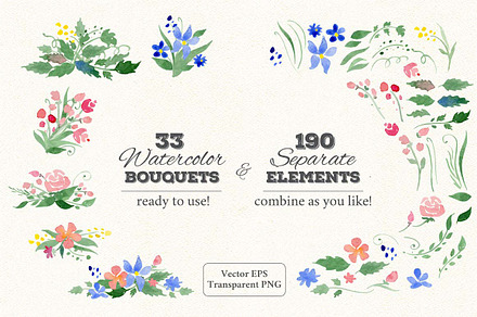 Watercolor flowers, bouquets, wreath