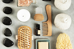 Spa and Self-Care Essentials Flat Lay on Stone Background, a Beauty & Fashion Photo by Natalia Klenova's Shop