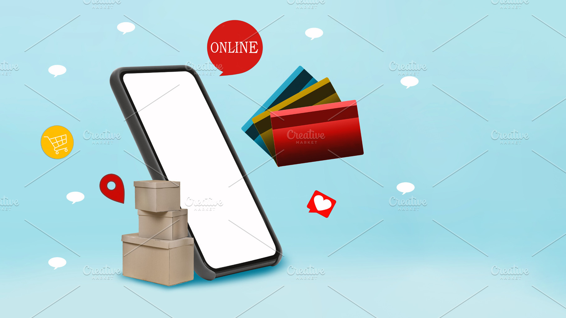 Big Smartphone, Credit Cards And Boxes Over Blue Background, Collage, a Photo by Prostock-Studio