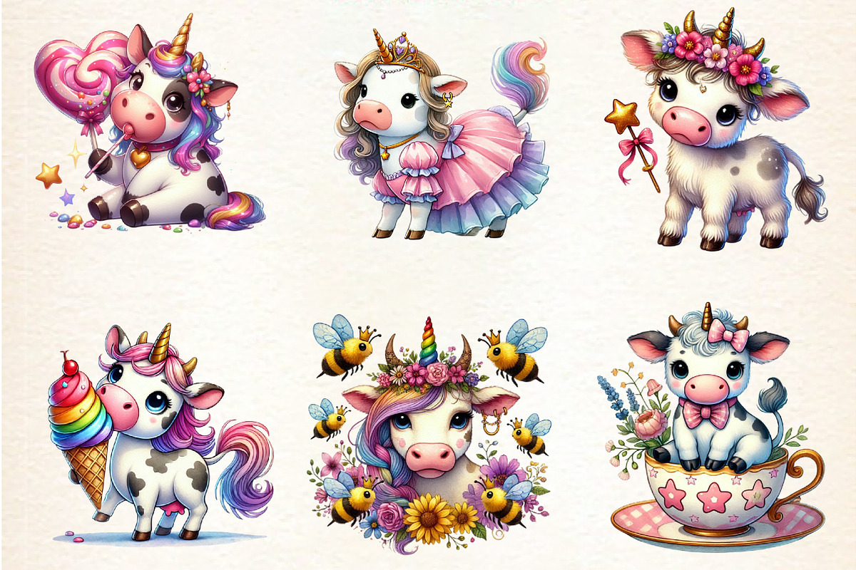 Watercolor Unicorn Cute Cow Clipart, a Seasonal Illustration by DreamArtGraphic (Photo 4 of 4)