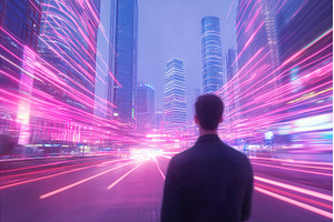 Man in jacket gazing at urban, an Architecture Photo by Lermont51