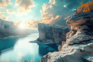 A breathtaking landscape featuring a serene river surrounded by towering cliffs, a Person Photo by Textures & Backgrounds