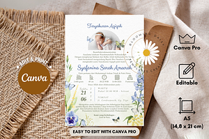Blue Floral Aqiqah Canva Template, an Invitation Template by Blooming Daisy