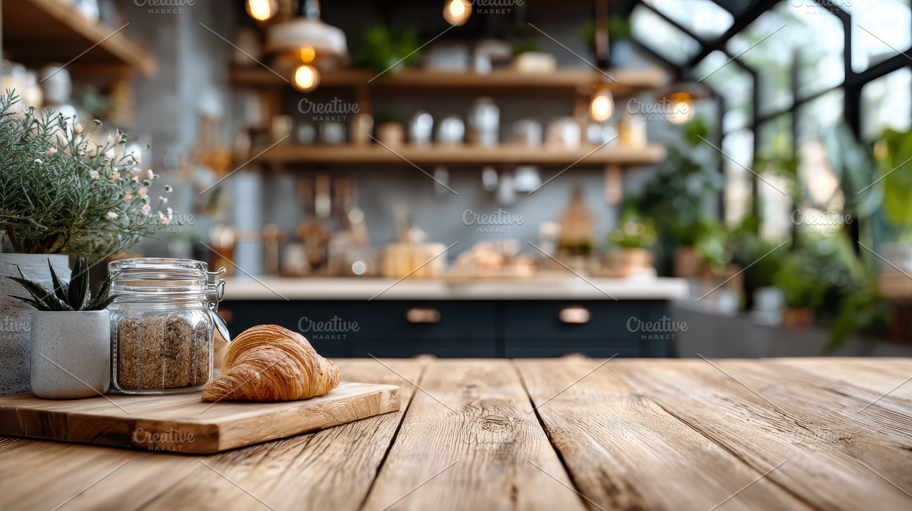 Rustic kitchen croissant breakfast w, a Photo by Pixeness Studio