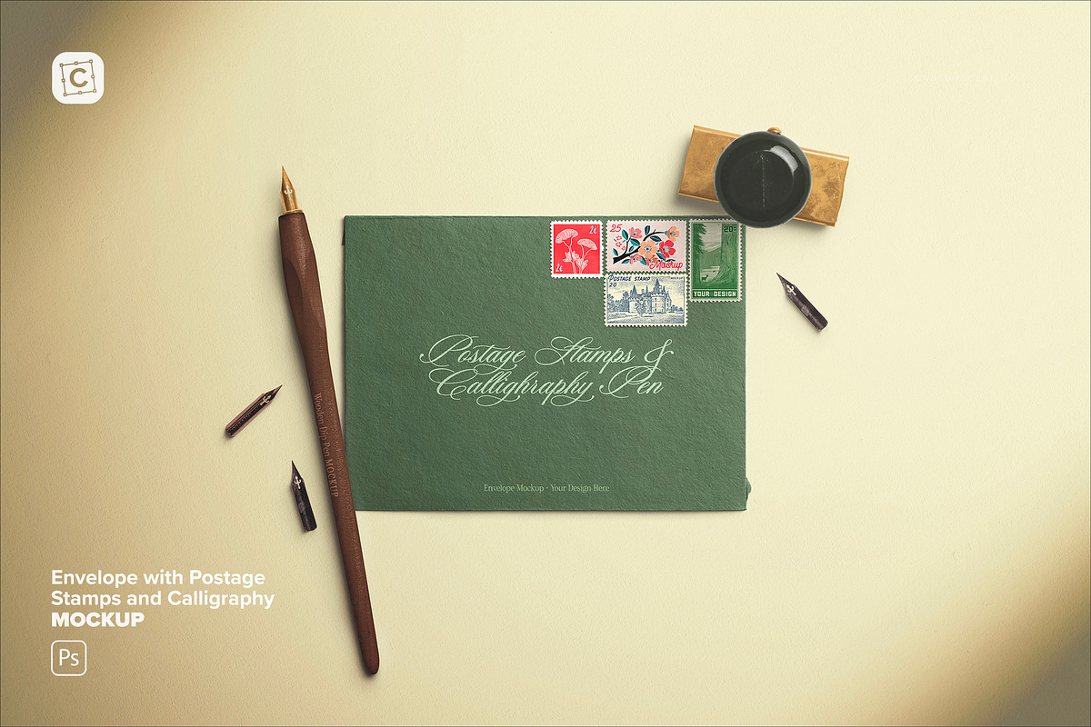 Envelope-Postage Stamps Calligraphy, an Advertising Mockup by Custom Scene (Photo 1 of 10)