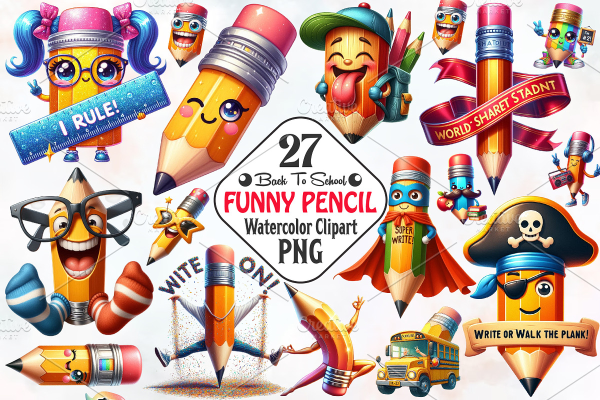 Back To School Funny Pencil Clipart, an Illustration by RobertsArt (Photo 1 of 7)
