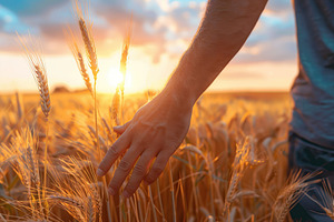 Male hand touching ripe wheat ears on yellow field background, a Photo by AlyaAnd