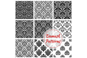 Black And White Damask Floral Seamless Pattern