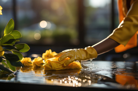 Cleaning Window Pane with Detergent on Sunny Day Featuring Flowers, a Photo by AS photostudio