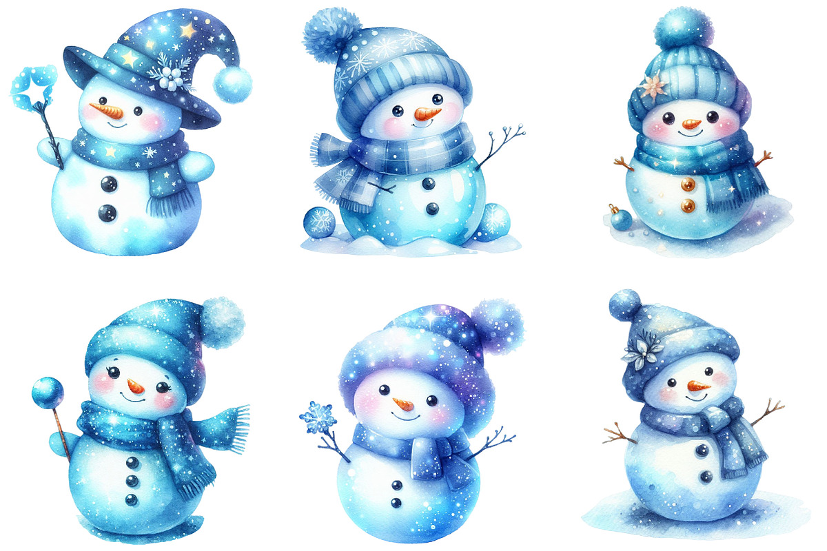 Watercolor Blue Cute Snowman Clipart, an Illustration by DreamCafeArt (Photo 4 of 6)