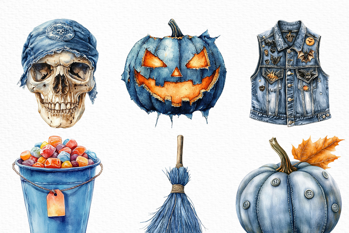 Vintage Denim Halloween Clipart, an Illustration by Craft Nest (Photo 3 of 6)