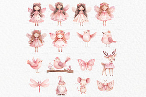 Pink Fairy Garden Watercolor Clipart