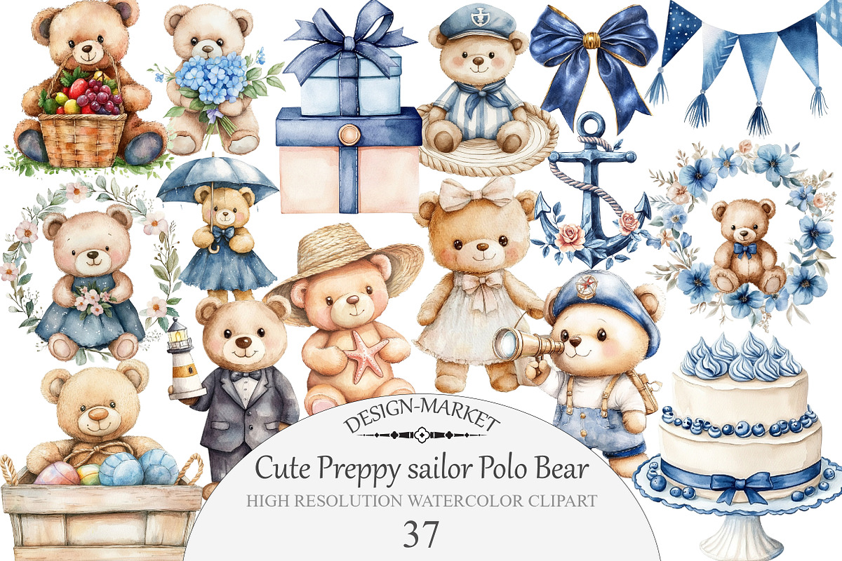Cute Preppy sailor Polo Bear Clipart, an Illustration by Design Market (Photo 1 of 4)