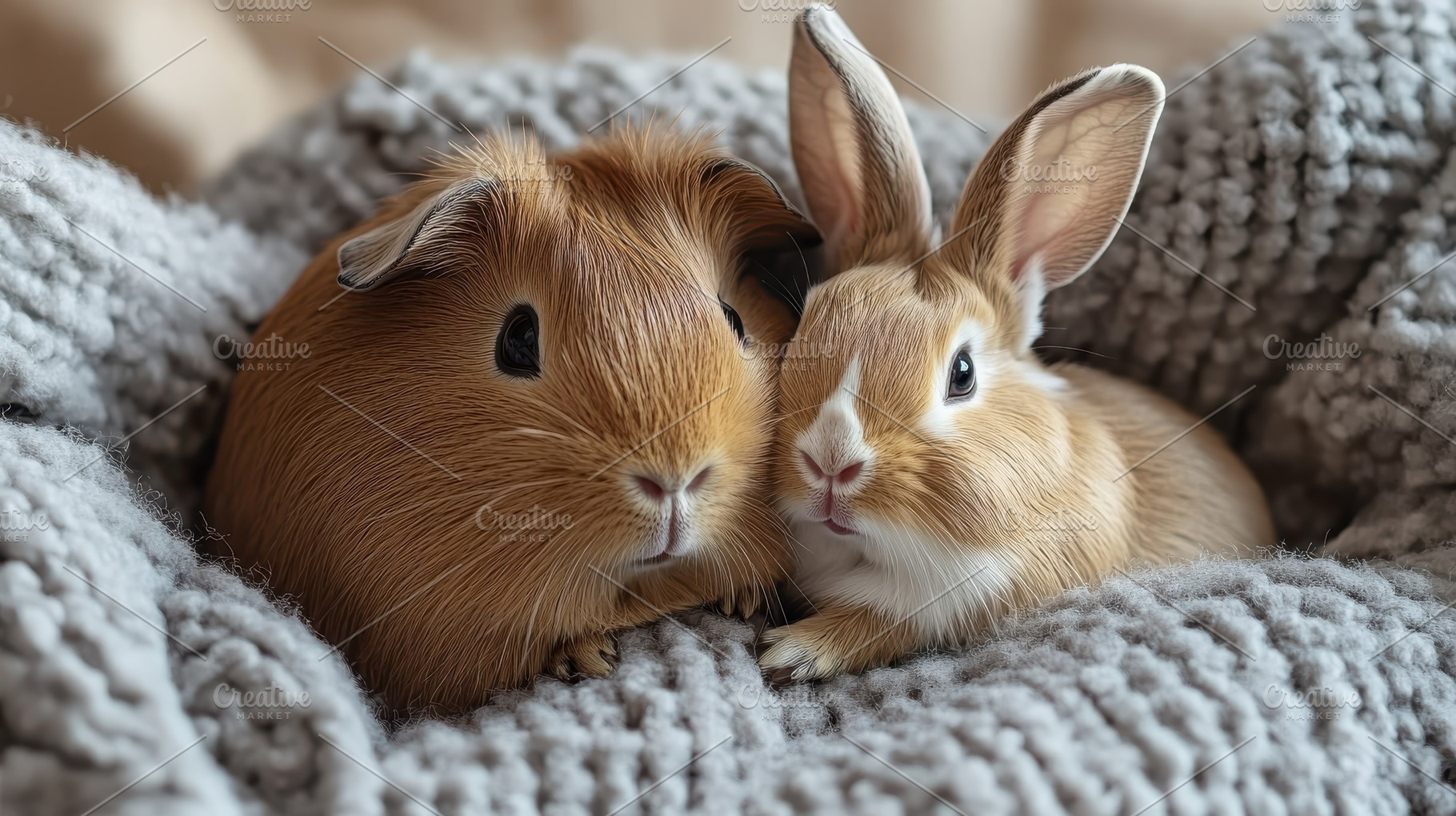 Guinea pig and rabbit snuggling toge, an Animal Photo by Pixeness Studio