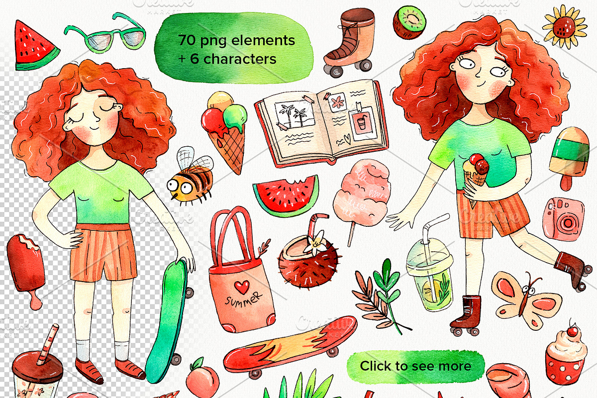 Summer Girl watercolor clipart set, a Decorative Illustration by Ekaterina Goncharova (Photo 2 of 3)
