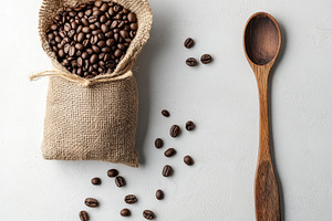Roasted Coffee Beans in Burlap Sack, a Food & Drink Photo by Pixeness Studio