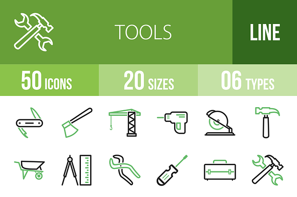 50 Tools Line Green Black Icons