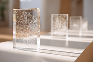 Intricate glass sculptures featuring detailed spider web designs displayed in b, a Photo by AlyaAnd