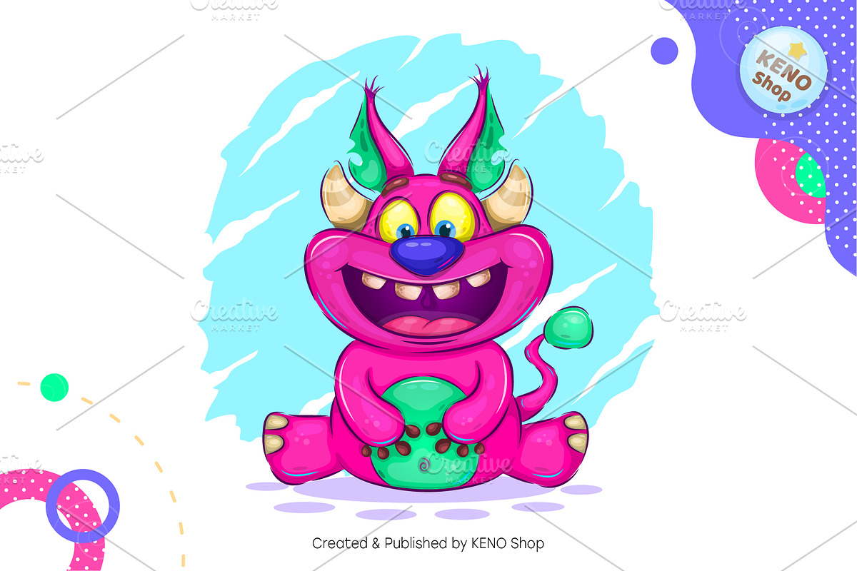 Cheerful horned monster. Tshirt, PNG, an Animal Illustration by KENO Mascots (Photo 2 of 4)