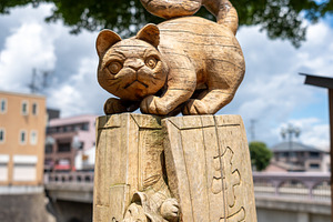 Wooden cat statue by Miyagawa River in Takayama, Japan, an Architecture Photo by GoodGoods