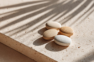 Natural stones arranged on a textured surface with dramatic shadows created by, a Health & Medical Photo by AlyaAnd