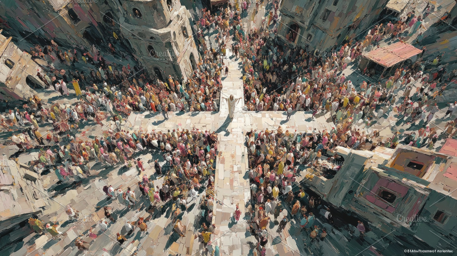 Crowd gathered around person on cross-shaped stone path in brigh, a Person Photo by José Manuel Gelpi