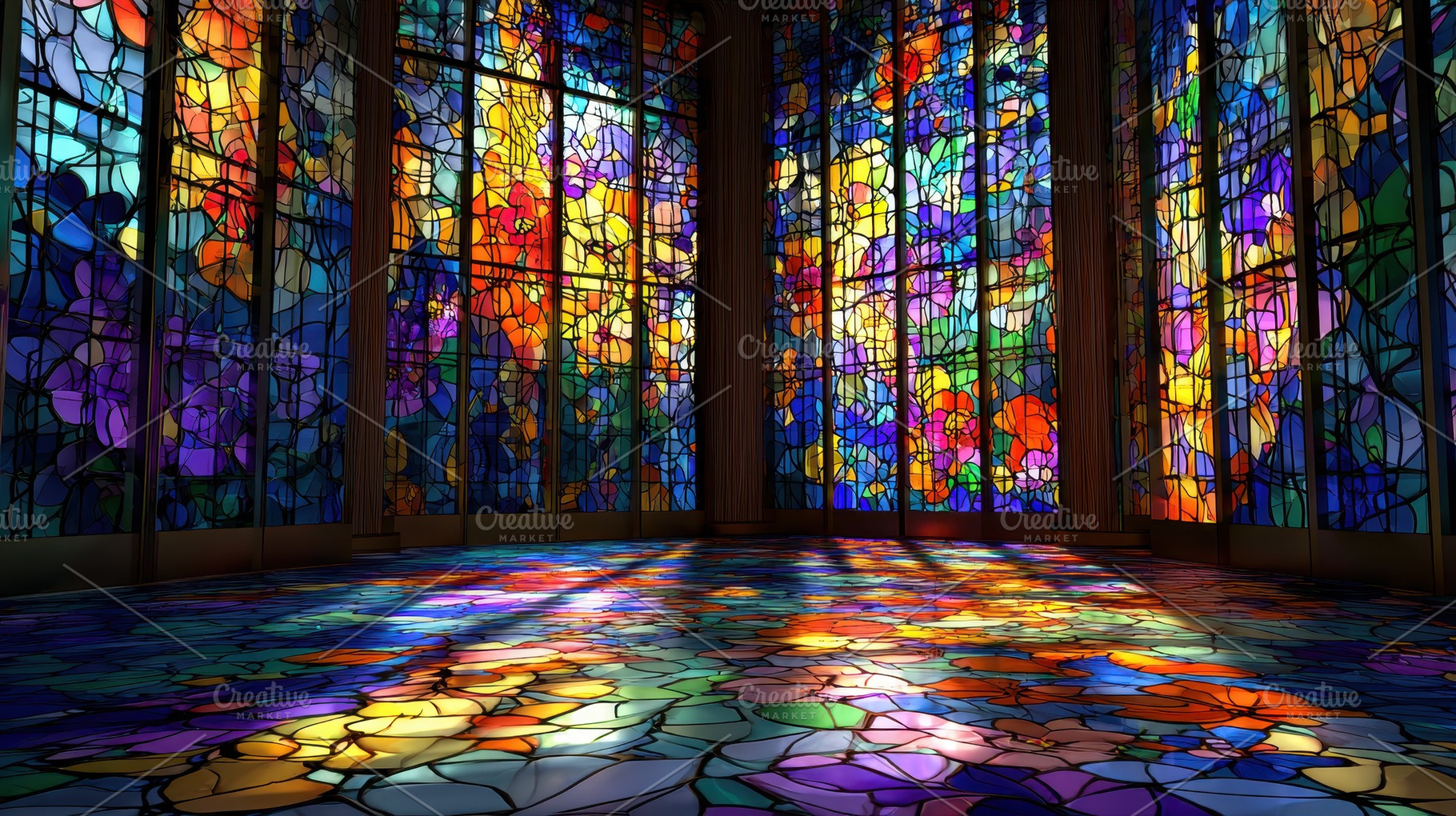 Stained glass windows fill a room, a Photo by Pavel_design