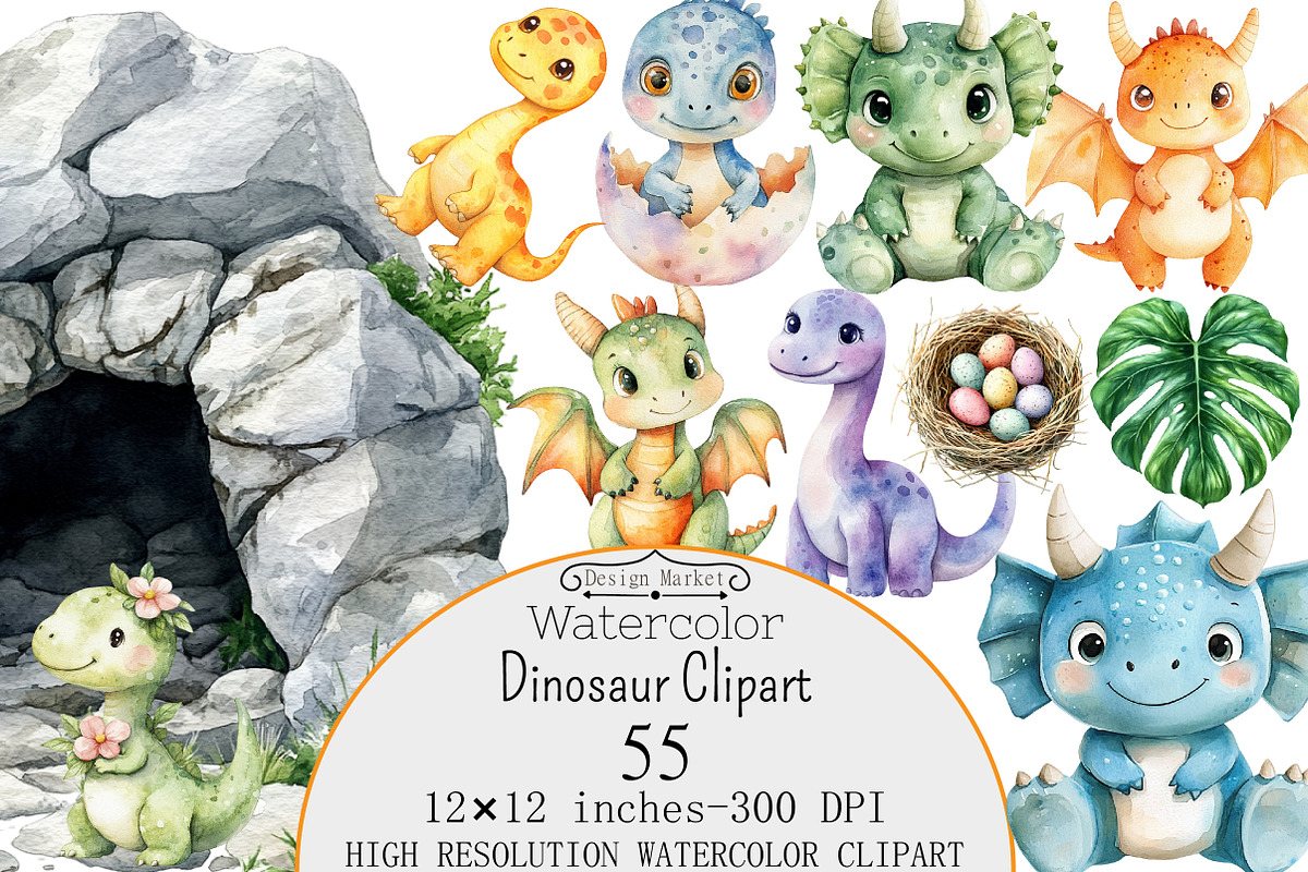Watercolor Dinosaur Clipart, a Seasonal Illustration by Design Market (Photo 1 of 5)