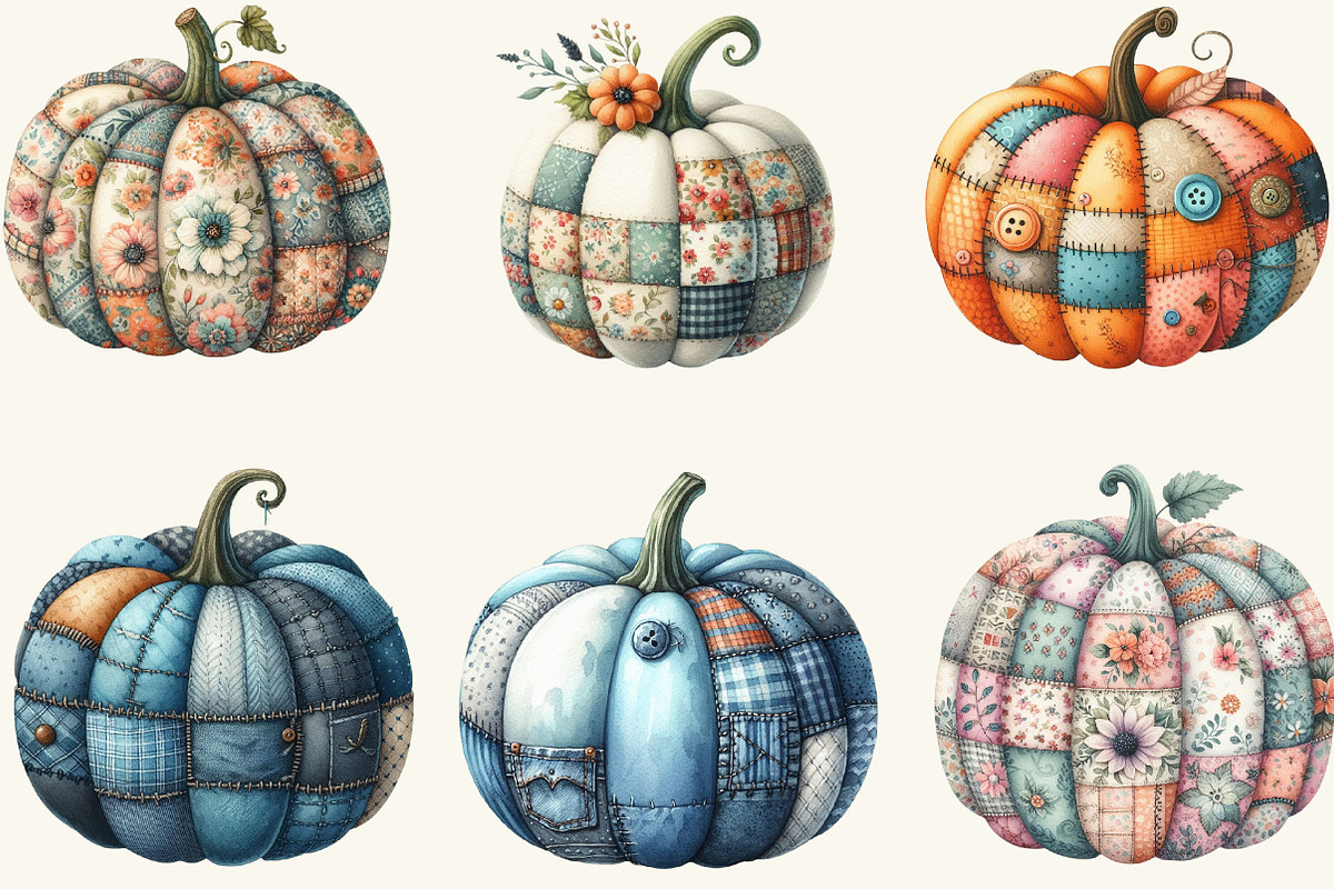 Autumn Patchwork Pumpkin Clipart, a Work Illustration by cherrydesign (Photo 2 of 3)