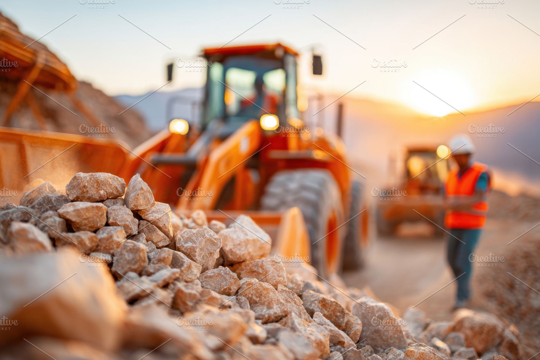 Heavy machinery at construction site during sunset, an Industrial Photo by AlyaAnd
